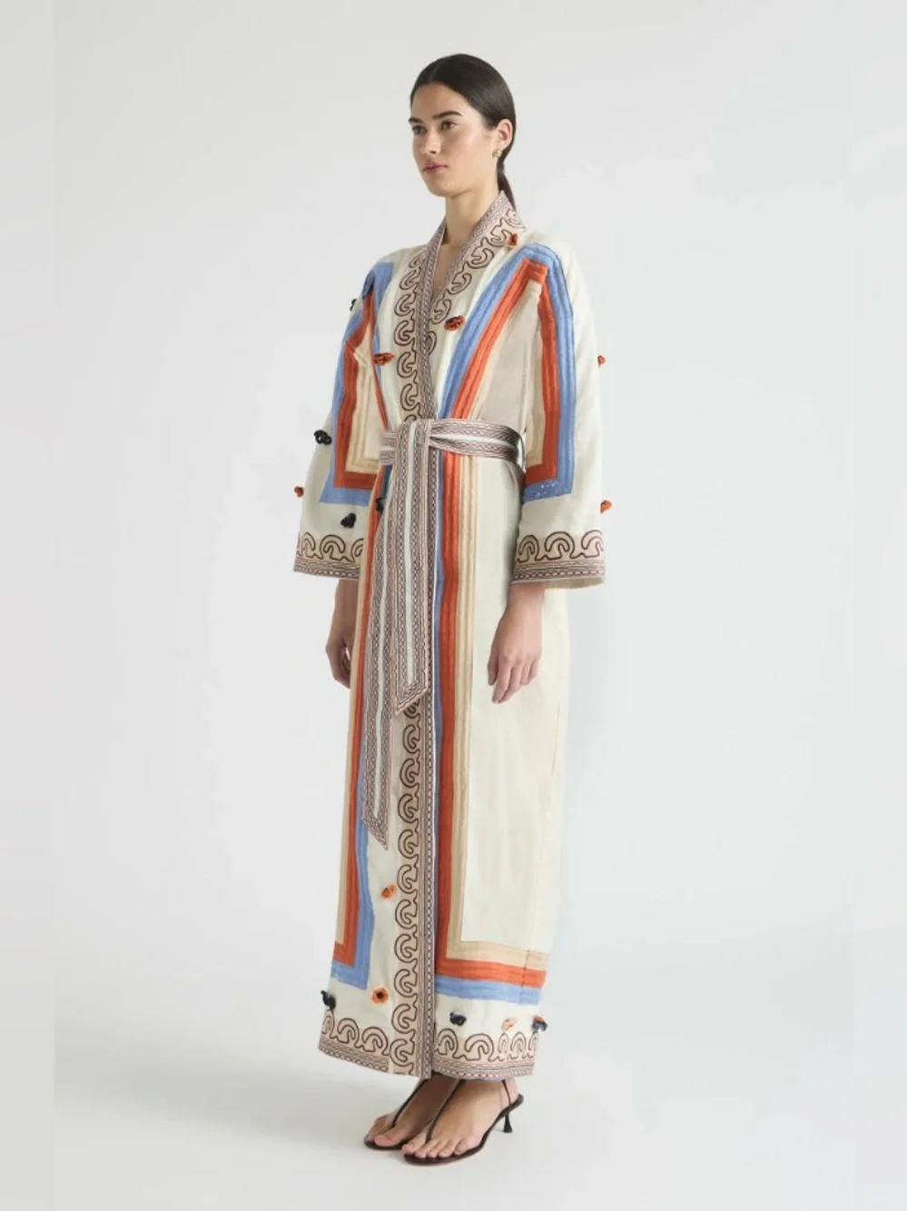 Antipodean Rise 100% Linen Woven Embellished Belted Robe Long Dress Size M NWT